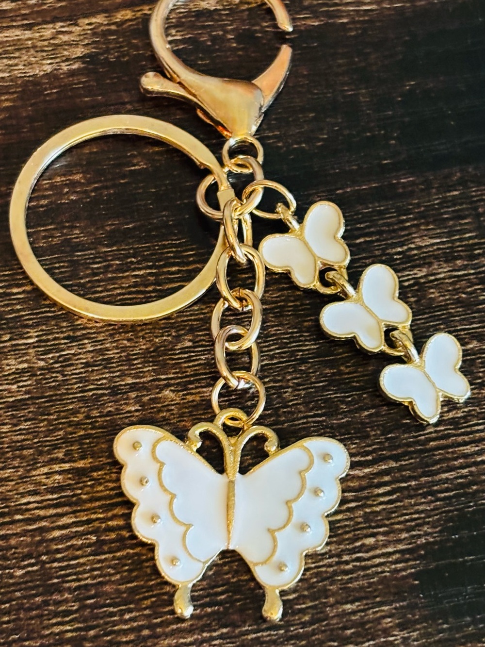 Mint Gold Tone Keychain with White Enamel Butterfly Charms